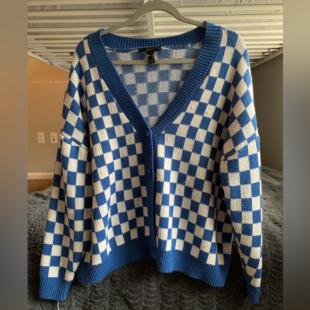 Blue Checkered V-Neck Button Up Sweater